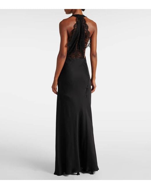 Saint Laurent Black Lace-Trimmed Silk Charmeuse Gown