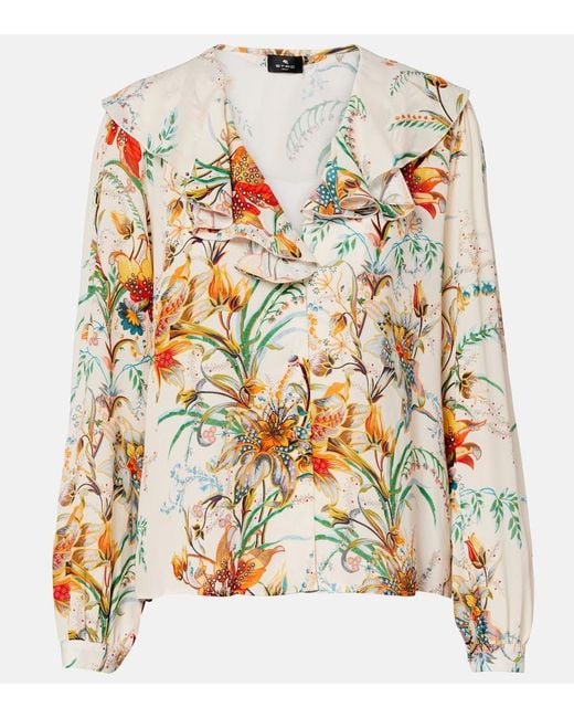Etro White Floral Ruffled Blouse