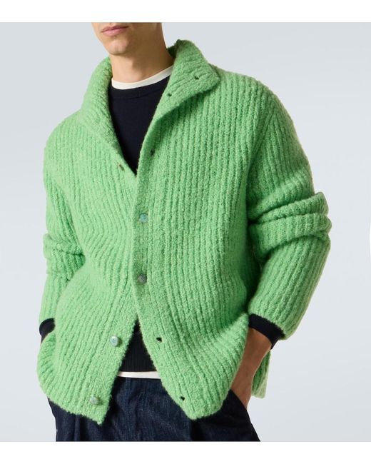 God's True Cashmere Green Ribbed-Knit Cashmere Boucle Cardigan for men