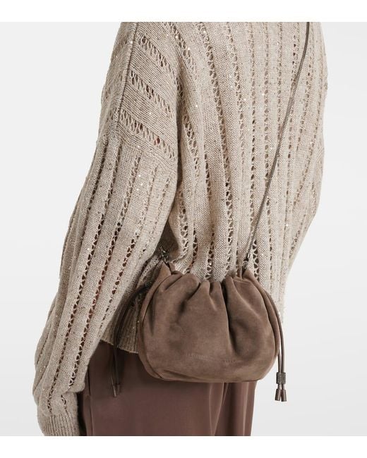 Brunello Cucinelli Brown Schultertasche Softy Small Aus Veloursleder