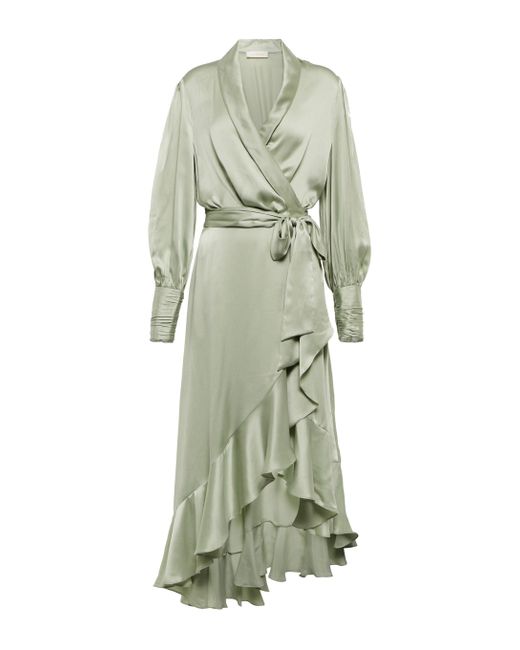 Zimmermann Silk Satin Wrap Midi Dress in Green - Lyst