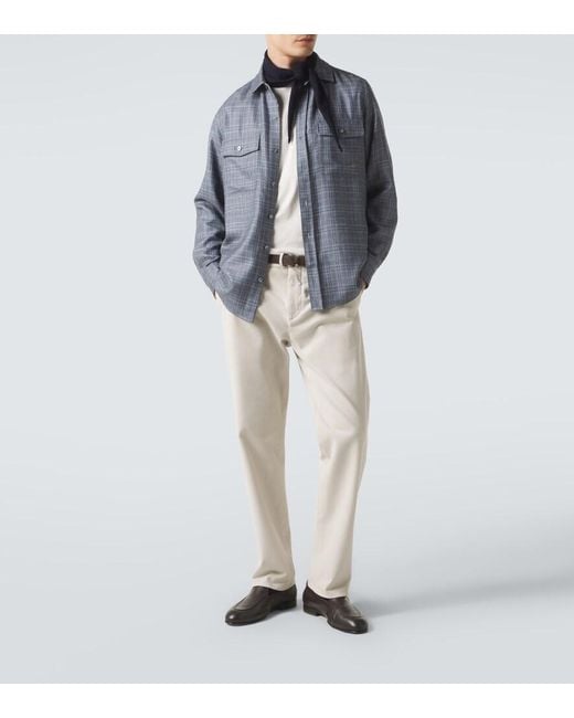 Agnona Blue Checked Wool, Silk, And Linen Shirt for men
