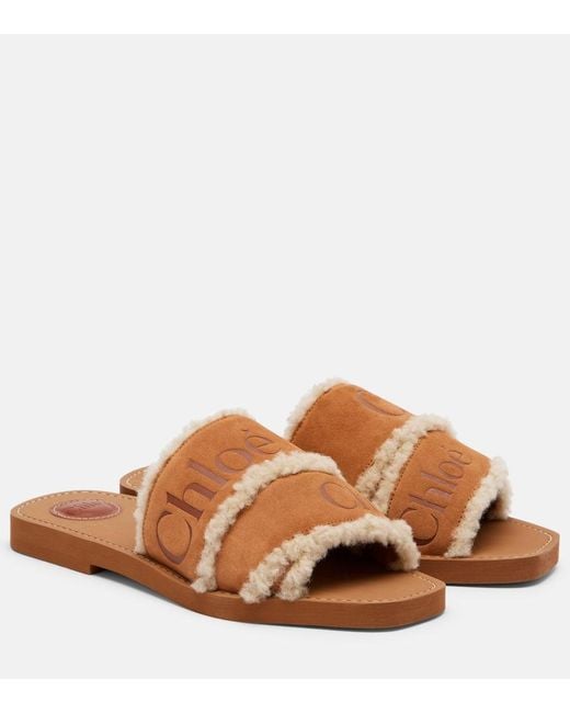 Chloé Brown Woody Logo Suede Slides