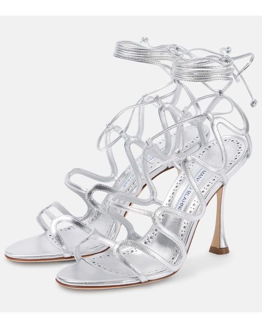 Manolo Blahnik White Fawda 105 Metallic Leather Sandals