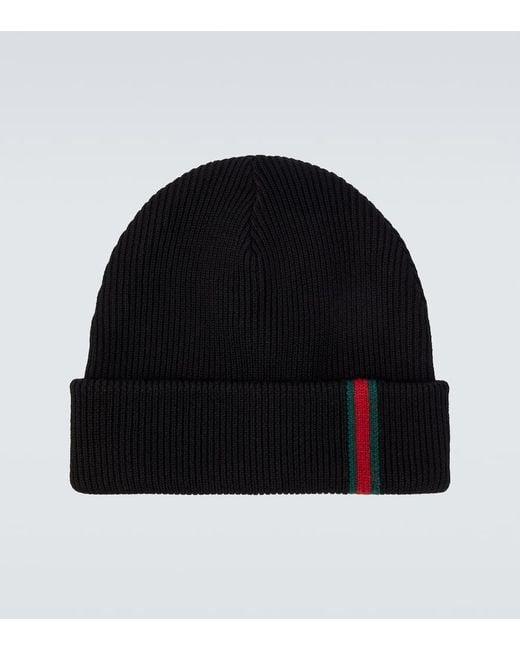 Gucci Black Web Stripe Wool Beanie for men