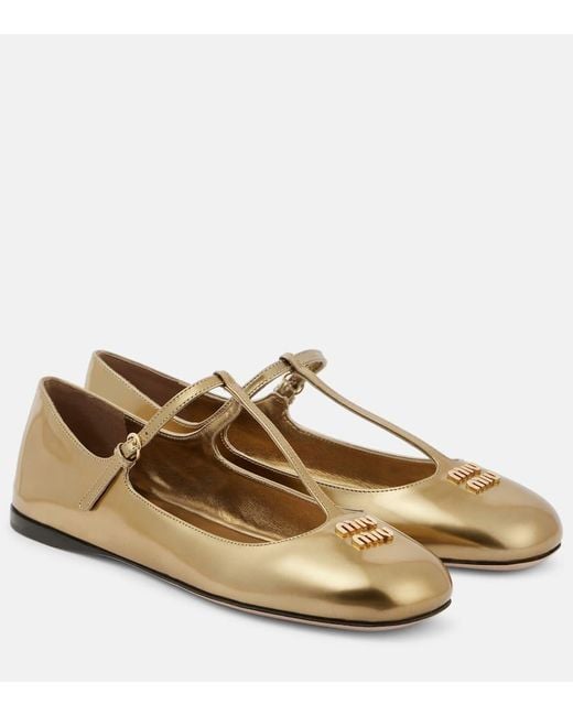 Miu Miu Brown Logo Metallic Leather Ballet Flats