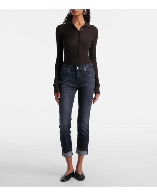 7 For All Mankind Blue Mid-Rise Cropped Skinny Jeans