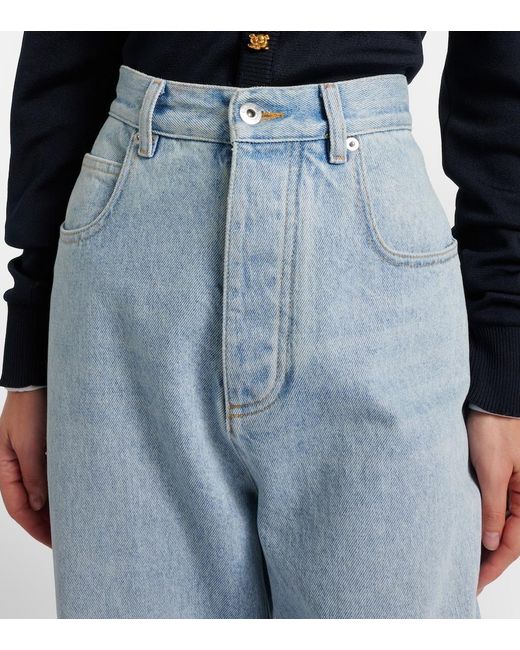 Bottega Veneta Blue Intrecciato Leather-Trimmed Wide-Leg Jeans