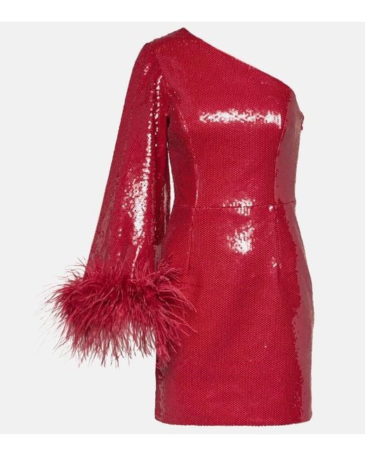 Rebecca Vallance Red Nika Feather-Trimmed Minidress