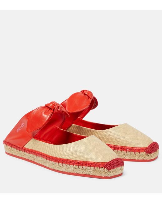 Jimmy Choo Red Reka Leather And Raffia Espadrilles