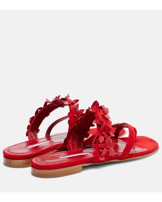 Manolo Blahnik Red Fiosa Floral-Applique Suede Sandals