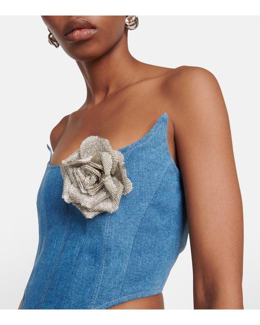 GIUSEPPE DI MORABITO Blue Floral-Applique Denim Bustier