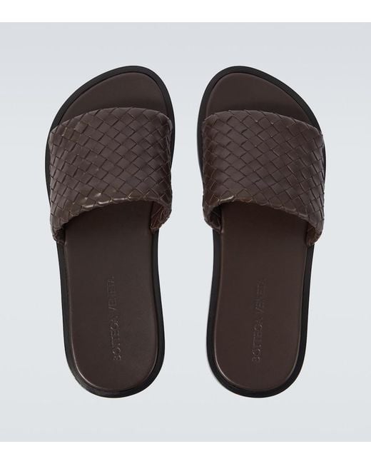 Bottega Veneta Brown Elio Intrecciato Leather Slides for men