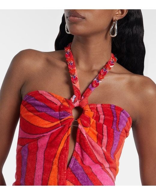 Emilio Pucci Red Marmo Embellished Cotton Terry Minidress