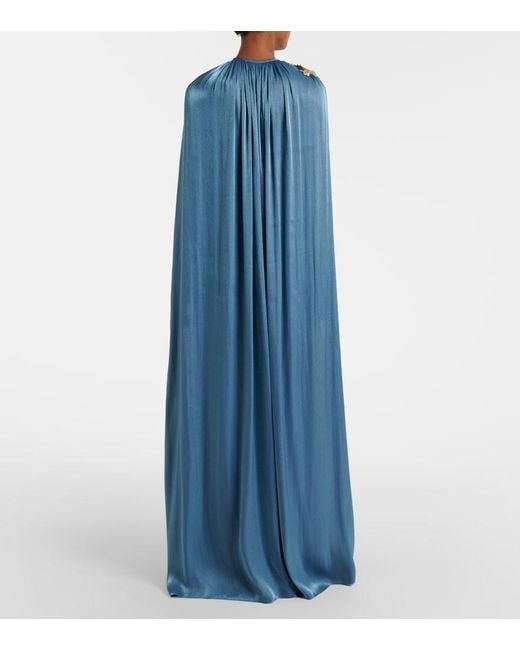 Costarellos Blue Embellished Pleated Caped Bustier Gown