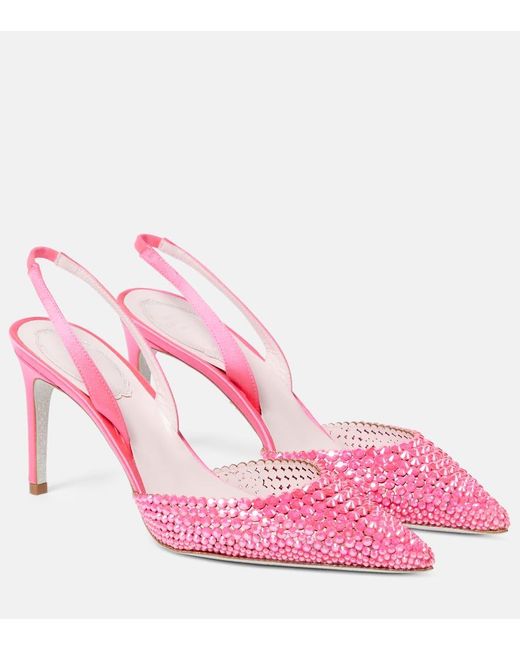 Rene Caovilla Pink Embellished Satin Slingback Sandals
