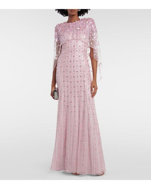 Jenny Packham Pink Nettie Beaded Tulle Cape Gown