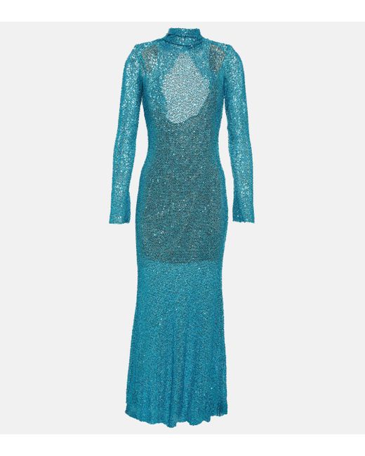 Self-Portrait Blue Beaded Knit Open-back Maxi Dress