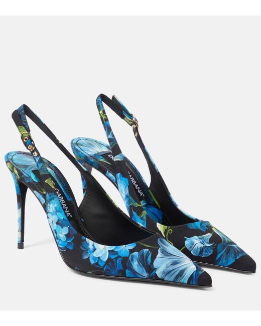 Dolce & Gabbana Blue Floral Canvas Slingback Pumps