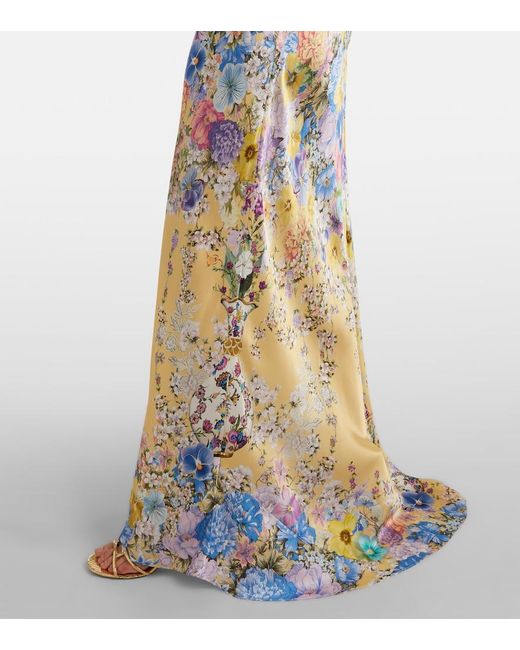 Camilla Metallic Embellished Floral Ruffled Silk Satin Maxi Dress