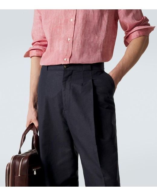 Brunello Cucinelli Blue Panama Cotton And Linen Tapered Pants for men