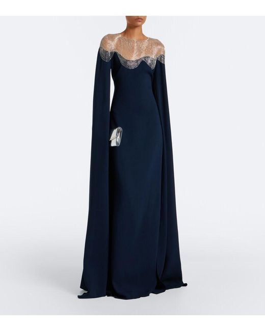 Oscar de la Renta Blue Embellished Silk-Blend Georgette Gown