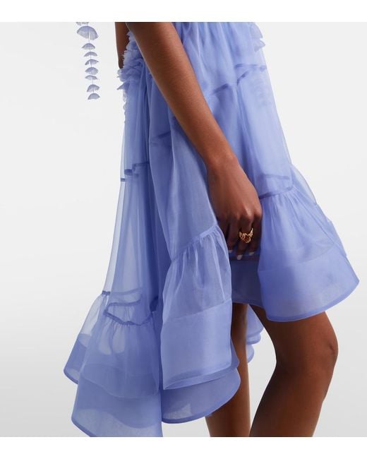 Zimmermann Blue Como Asymmetric Floral-Applique Silk Minidress