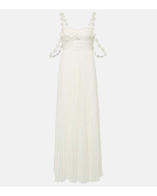 Self-Portrait White Bridal Floral-applique Pleated Chiffon Maxi Dress