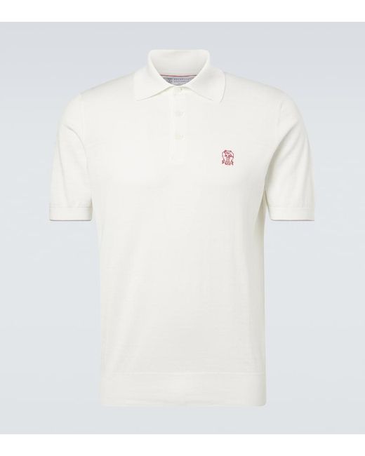 Brunello Cucinelli White Embroidered Cotton Pique Polo Shirt for men