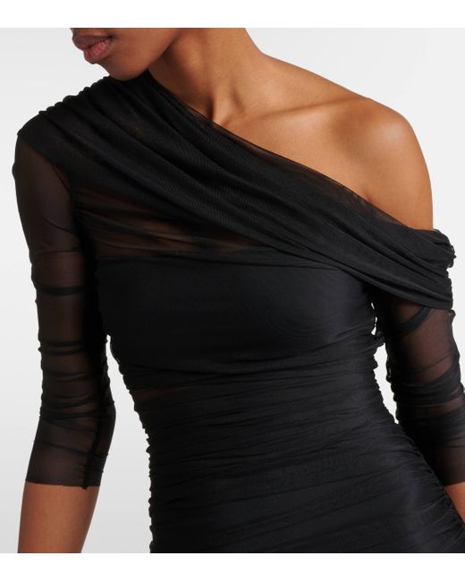 The Sei Black One-shoulder Ruched Mesh Midi Dress