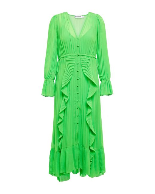 Self-Portrait Ruffle-trimmed Pleated Midi Dress in Green | Lyst