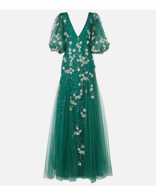 Costarellos Green Floral-Applique Tulle And Lurex Gown