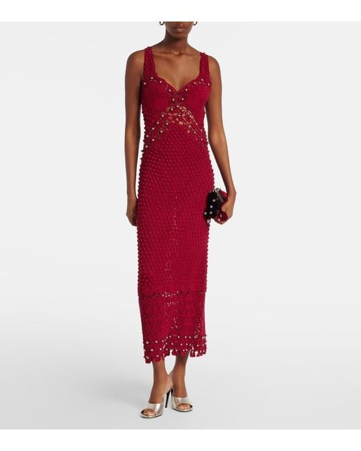 Rabanne Red Embellished Crochet Cotton Midi Dress