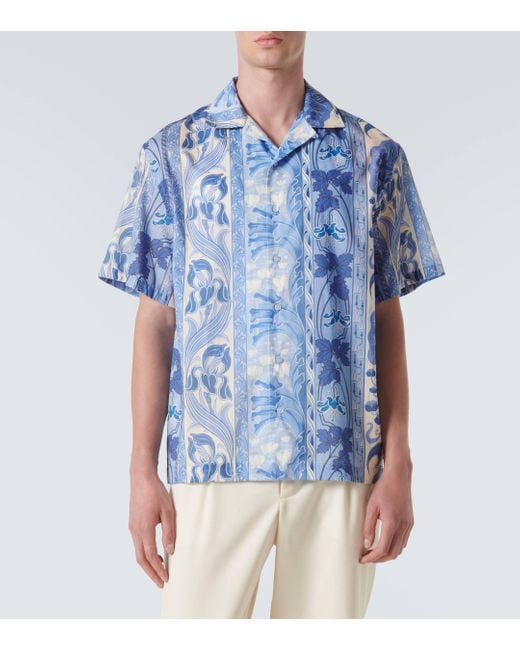Etro Blue Floral Cotton Poplin Bowling Shirt for men