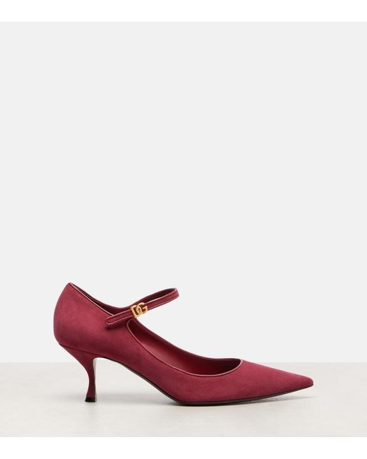 Dolce & Gabbana Red Dg Leather-Trimmed Suede Mary Jane Pumps