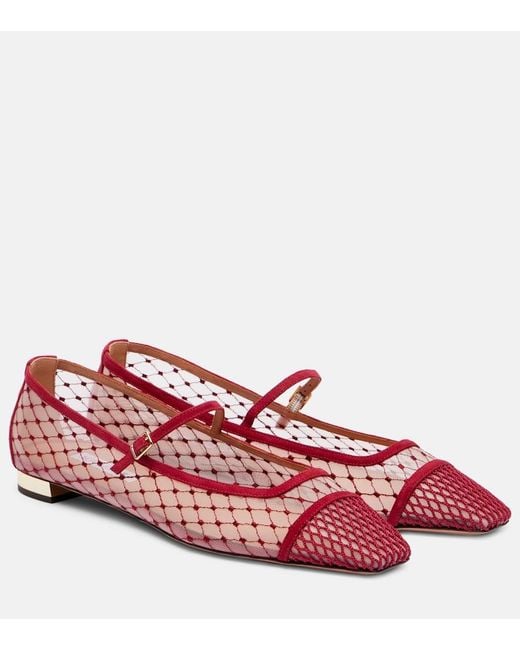 Aquazzura Red Juliette Suede-Trimmed Mary Jane Flats