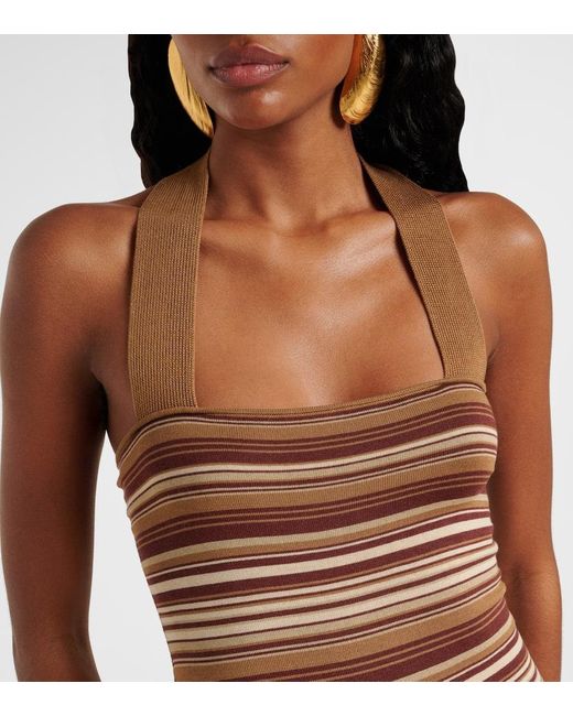AYA MUSE Brown Striped Silk-Blend Halterneck Minidress