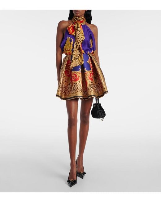 Versace Blue Bow-Detail Printed Silk Satin Top