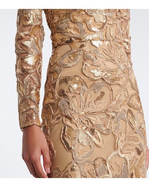 Elie Saab Natural Embroidered Sequined Tulle Gown