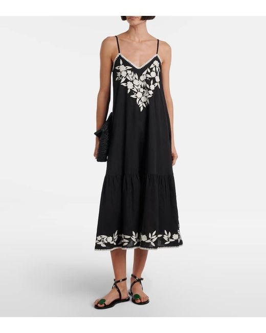 Juliet Dunn Black Besticktes Midikleid Aus Baumwolle Und Leinen