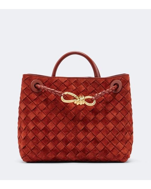 Bottega Veneta Red Andiamo Intrecciato Small Suede Tote Bag