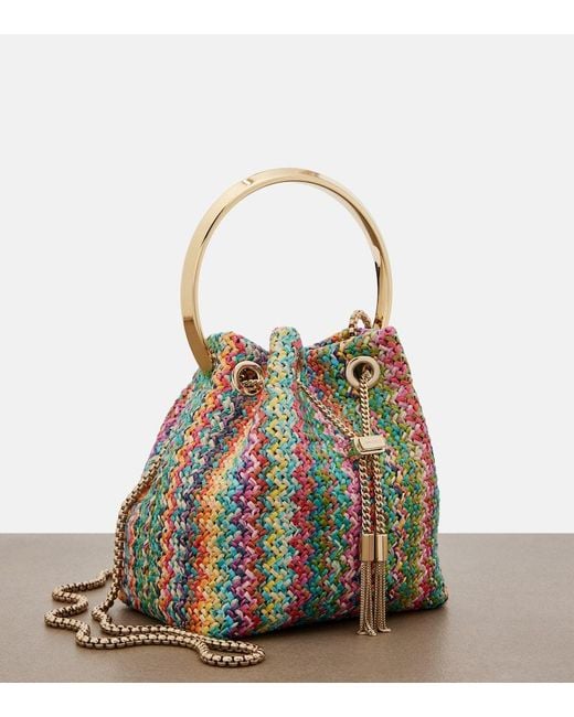 Jimmy Choo White Bon Bon Small Raffia-Effect Bucket Bag