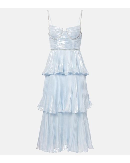 Self-Portrait Blue Feather-Trimmed Silk-Blend Chiffon Gown