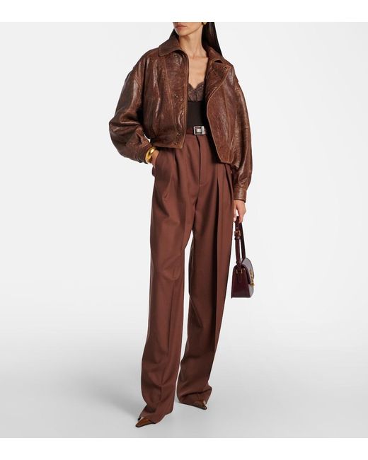 Saint Laurent Brown Double-Breasted Leather Bomber Jacket