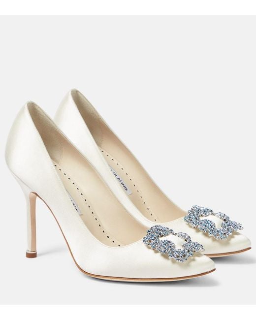 Manolo Blahnik White Bridal Hangisi 105 Embellished Satin Pumps