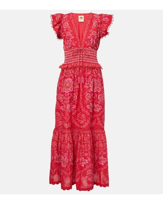 Robe Longue En Coton A Fleurs Farm Rio en coloris Red