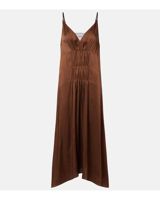 Prada Brown Gathered Crepe Satin Slip Dress