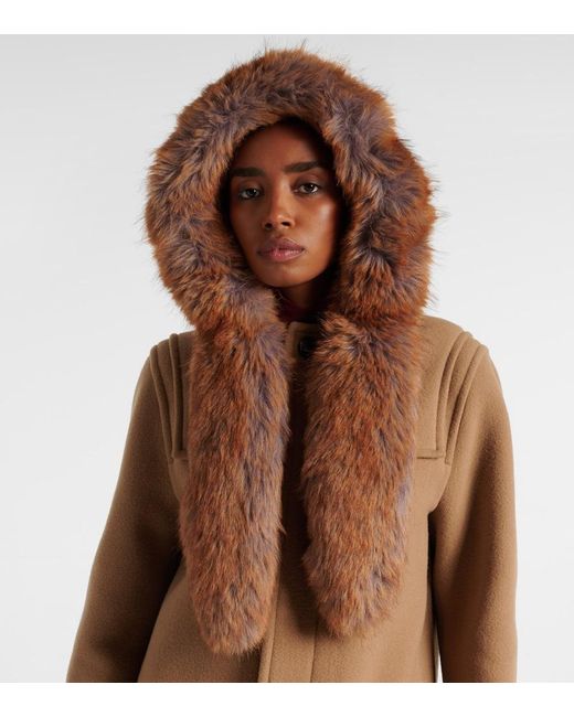 Burberry Natural Faux Fur-Trimmed Wool Coat