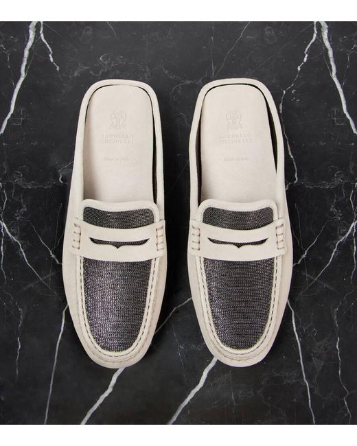 Brunello Cucinelli White Mokassins Monili Aus Veloursleder