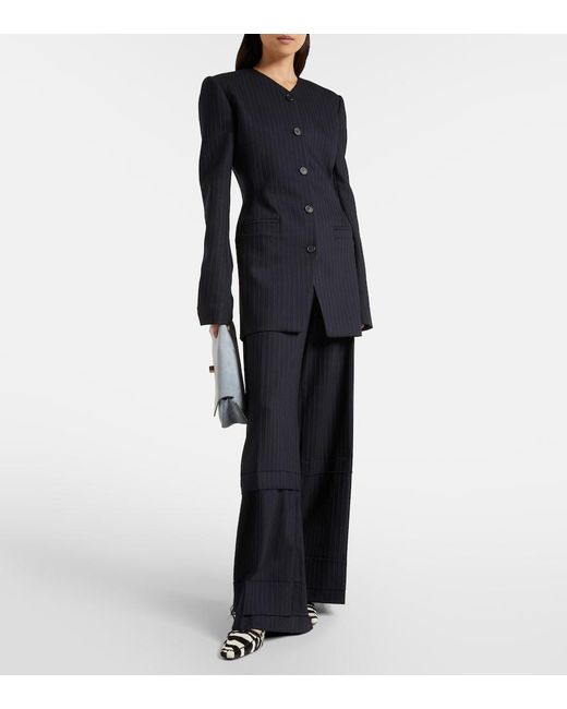 Khaite Blue Linden Pinstripe High-Rise Wide-Leg Pants